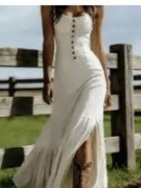 White Button Front Tiered Maxi Dress Spaghetti Strap Boho XL